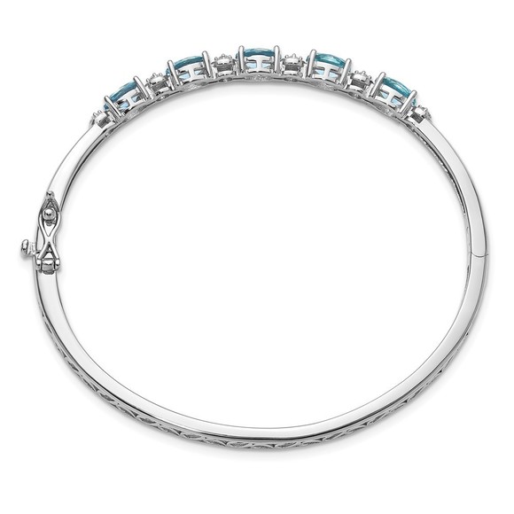 925 Sterling Silver RH-platedFancy Aqua Glass and CZ Hinged Bangle Bracelet